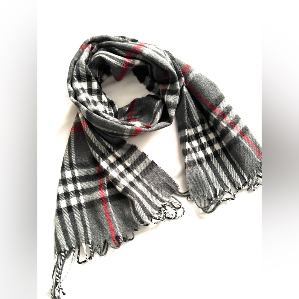 Scarf 100% Pure Cashmere 
Gray and Red Plaid Scarf